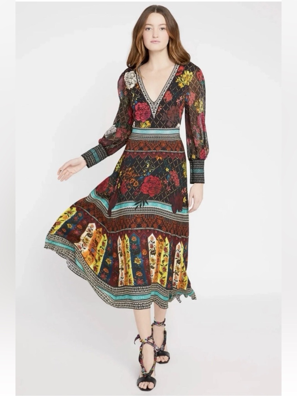 Alice + Olivia $595 Janey Mixed Pattern Handkerchief Hem Dress 2